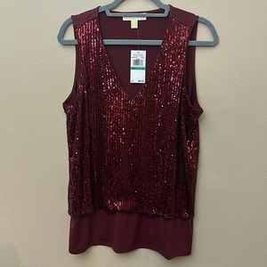 Michael Michael Kors sequined v-neck sleeveless burgundy top Size Large